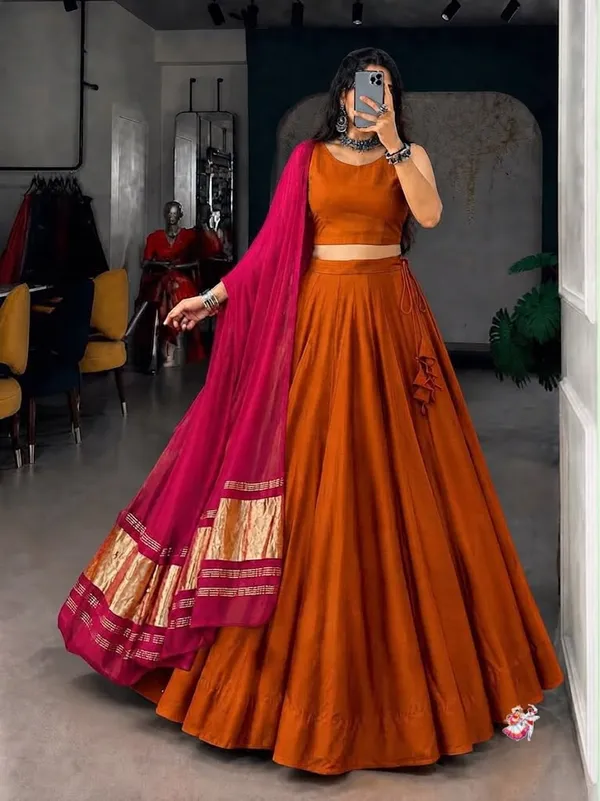 Flared_Plain_Lehenga_Choli_Set_with_Woven_Border_Dupatta