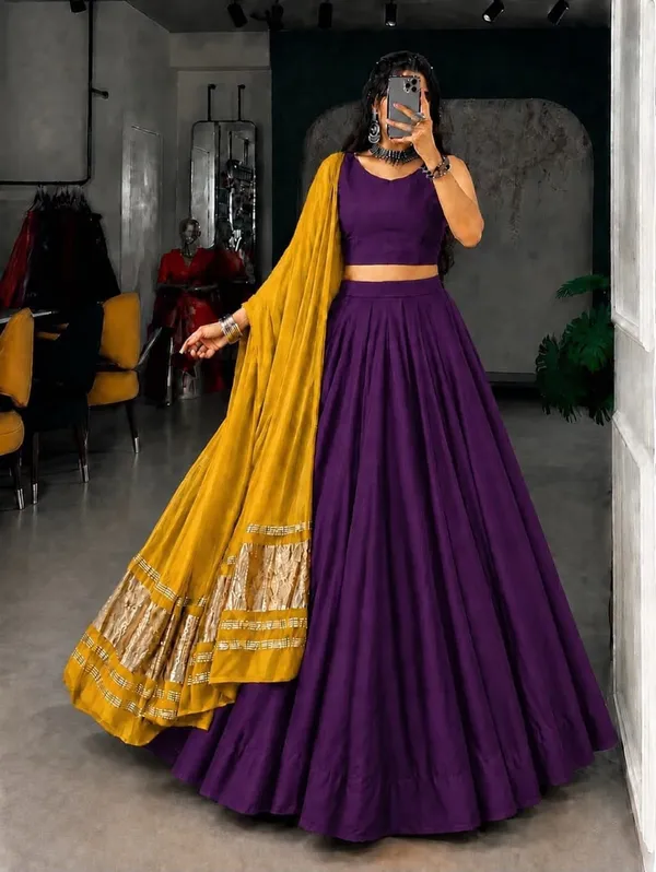 Flared_Plain_Lehenga_Choli_Set_with_Woven_Border_Dupatta