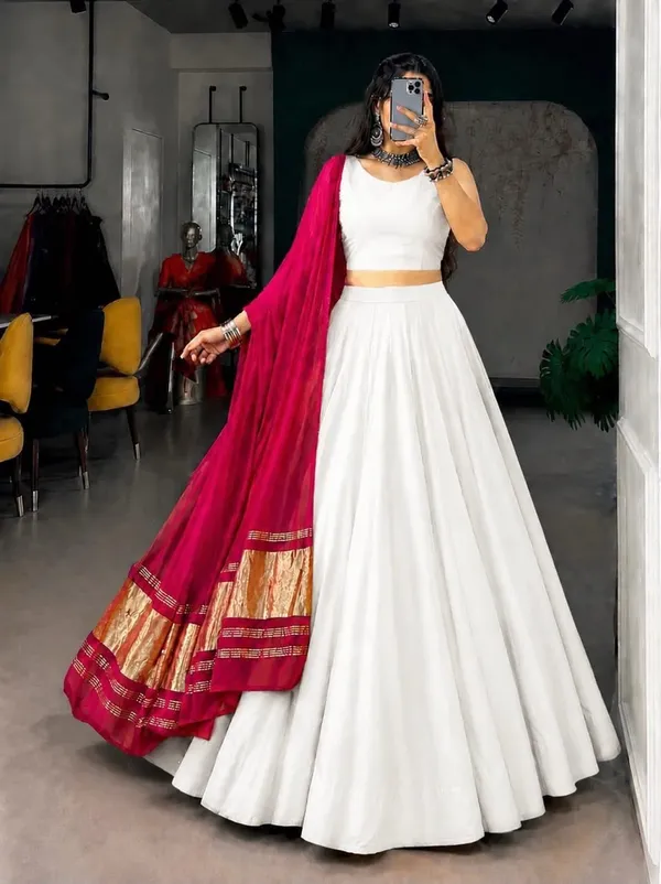 Flared_Plain_Lehenga_Choli_Set_with_Woven_Border_Dupatta
