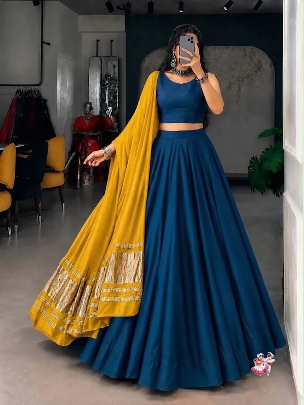 Flared_Plain_Lehenga_Choli_Set_with_Woven_Border_Dupatta