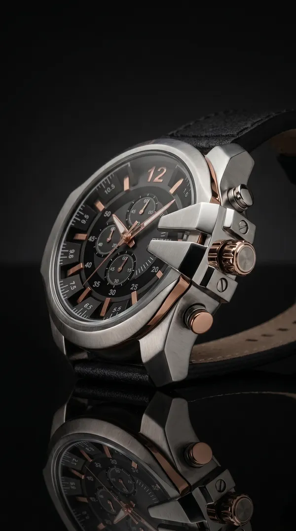 Black_Leather_Rose_Gold_Accent_Chronograph_Watch_For_Men