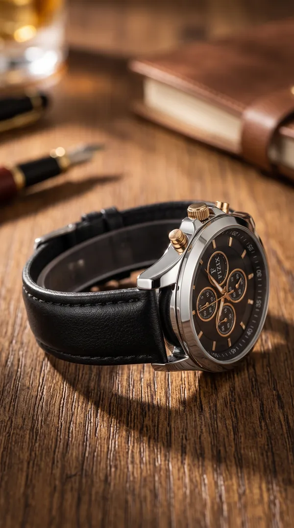 Black_Leather_Rose_Gold_Accent_Chronograph_Watch_For_Men
