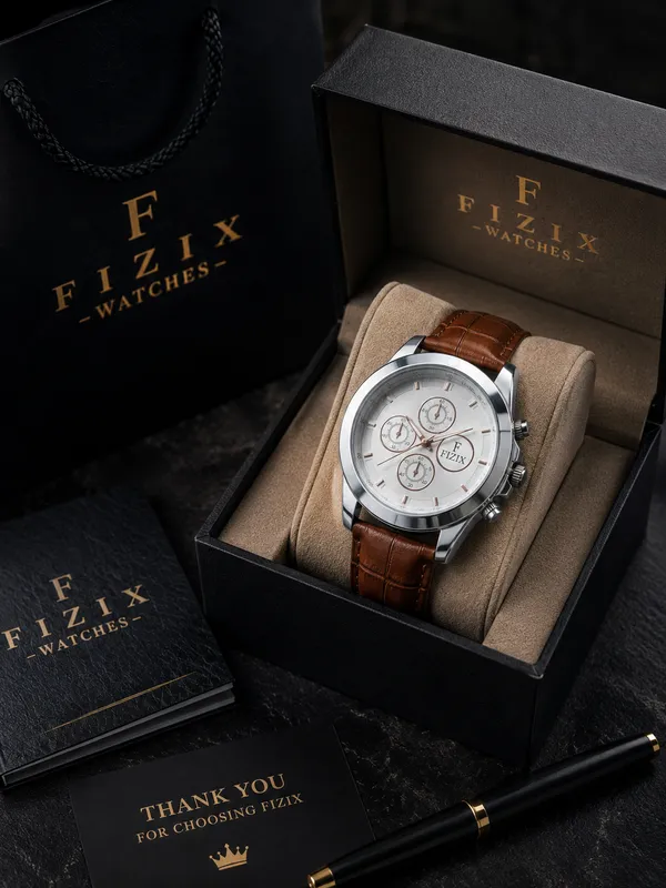 Brown_Leather_Strap_Silver_White_Dial_Chronograph_Watch_For_Men
