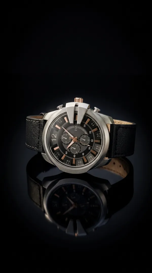 Black_Leather_Rose_Gold_Accent_Chronograph_Watch_For_Men