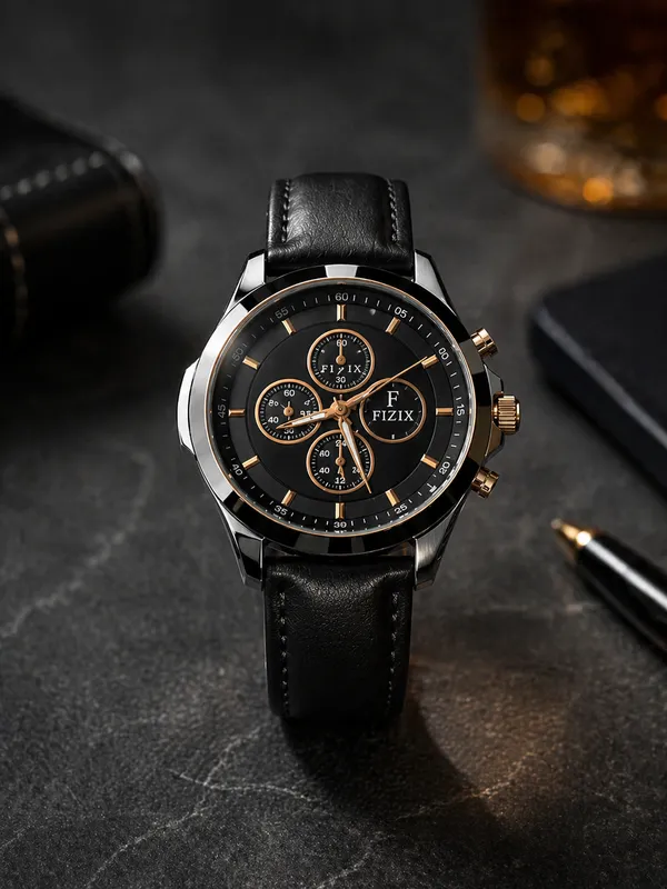 Black_Leather_Rose_Gold_Accent_Chronograph_Watch_For_Men
