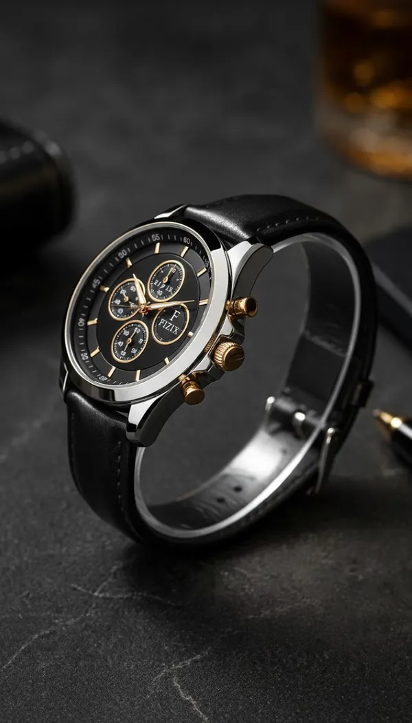 Black_Leather_Rose_Gold_Accent_Chronograph_Watch_For_Men