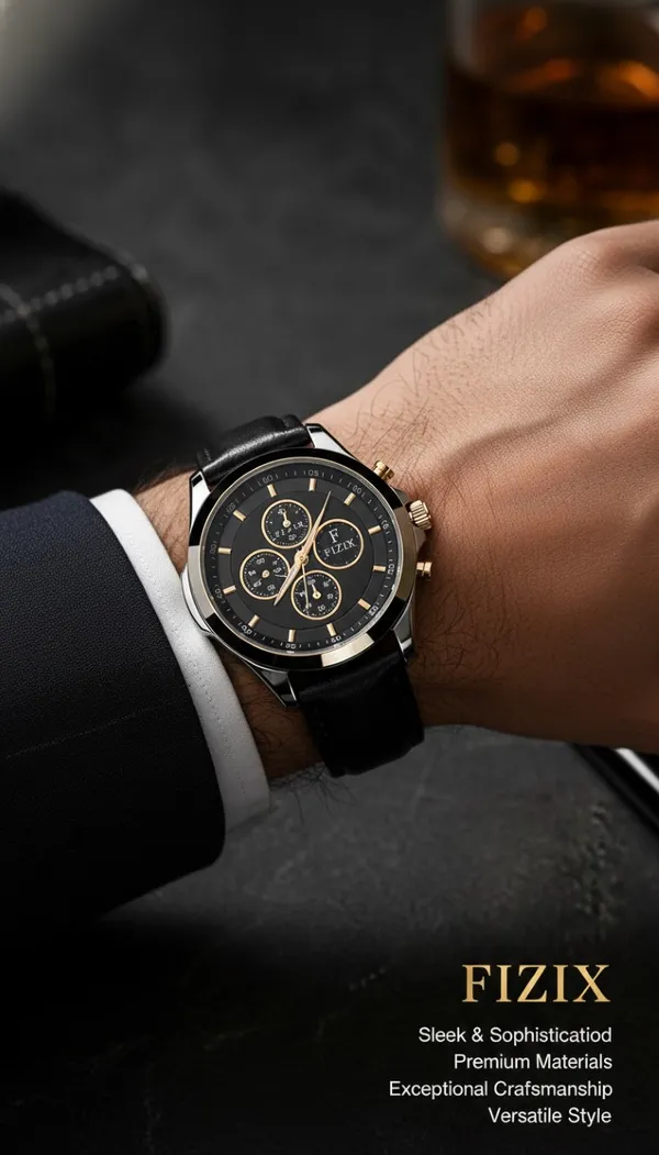 Black_Leather_Rose_Gold_Accent_Chronograph_Watch_For_Men