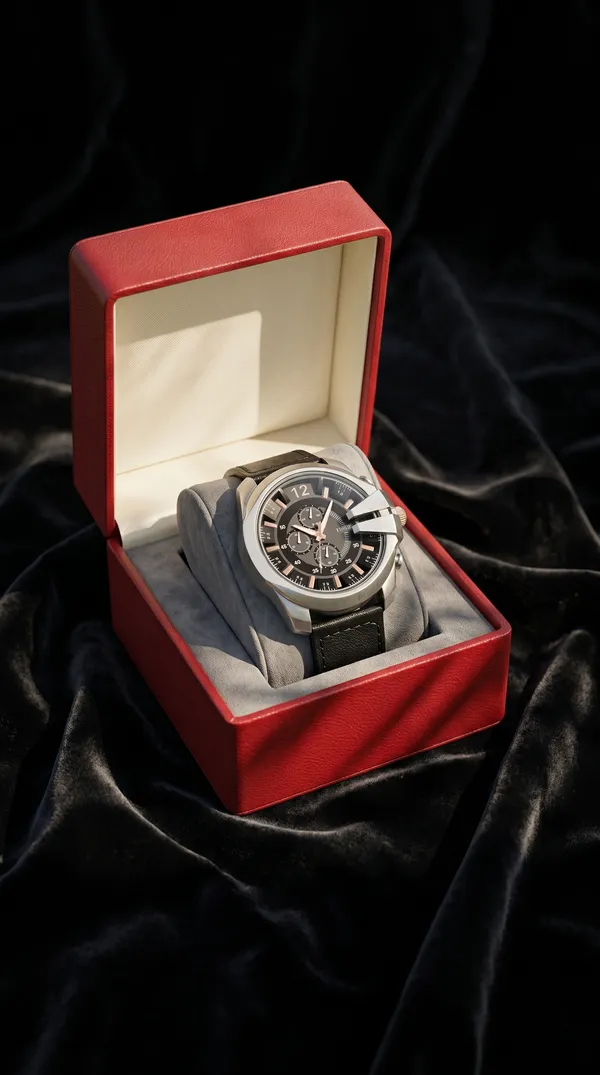 Black_Leather_Rose_Gold_Accent_Chronograph_Watch_For_Men