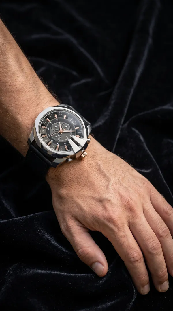 Black_Leather_Rose_Gold_Accent_Chronograph_Watch_For_Men
