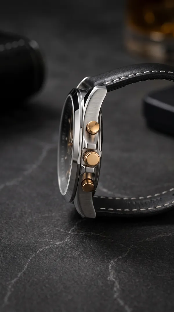 Black_Leather_Rose_Gold_Accent_Chronograph_Watch_For_Men