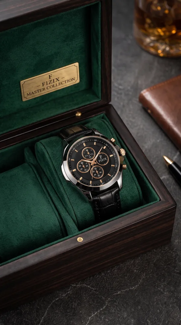 Black_Leather_Rose_Gold_Accent_Chronograph_Watch_For_Men