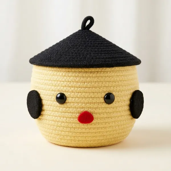 Yellow_Braided_Rope_Character_Storage_Basket_With_Lid_For_Home_Storage