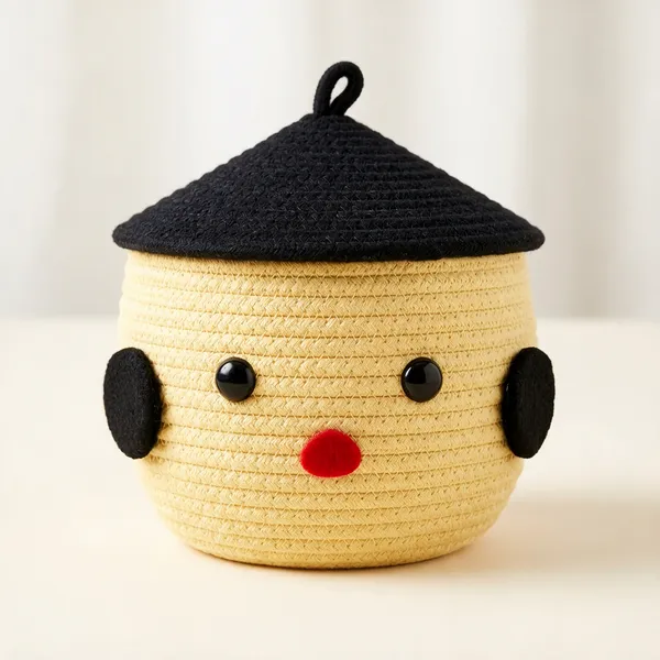 Yellow_Braided_Rope_Character_Storage_Basket_With_Lid_For_Home_Storage