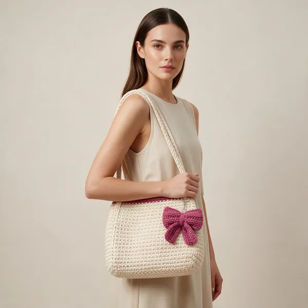 Cream_Crochet_Fabric_Crochet_Shoulder_Bag_For_Women