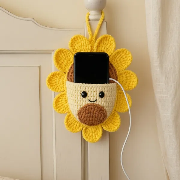 Yellow_Crochet_Fabric_Hanging_Phone_Holder_For_Home_Organization