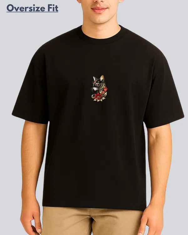Printed_Golden_Cat_Streetwear_Black_Oversize_Fit_T-Shirt_For_Men