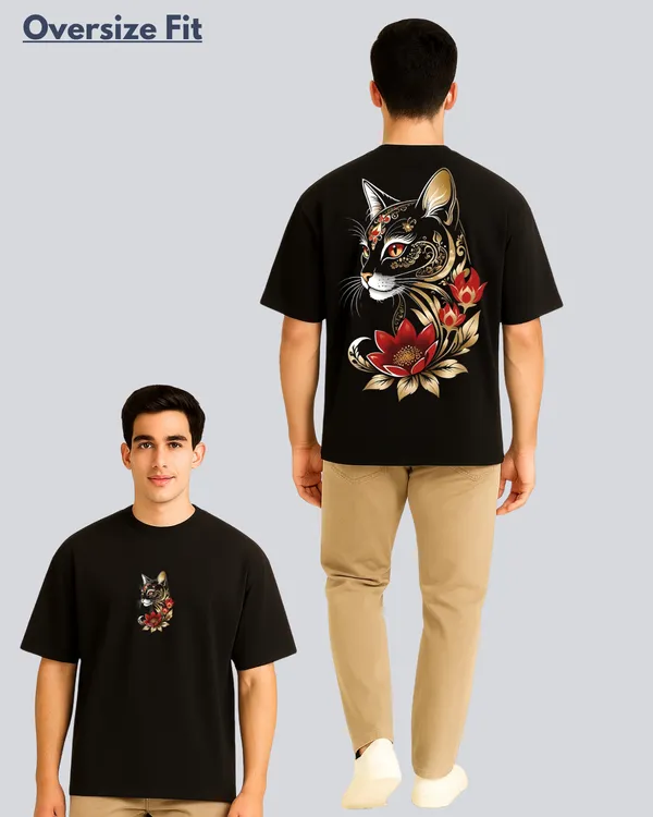 Printed_Golden_Cat_Streetwear_Black_Oversize_Fit_T-Shirt_For_Men