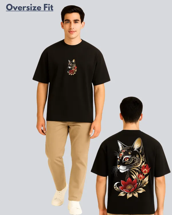 Printed_Golden_Cat_Streetwear_Black_Oversize_Fit_T-Shirt_For_Men