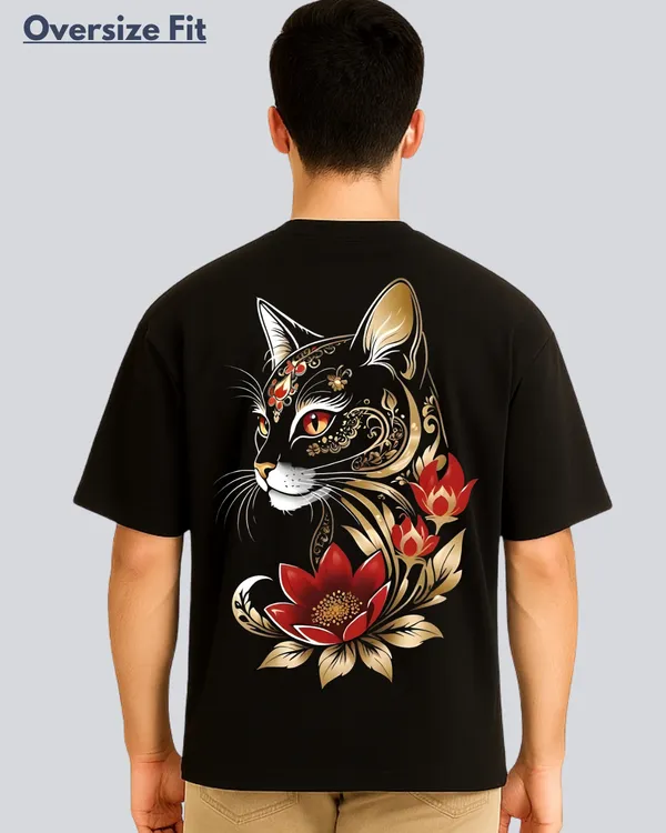 Printed_Golden_Cat_Streetwear_Black_Oversize_Fit_T-Shirt_For_Men