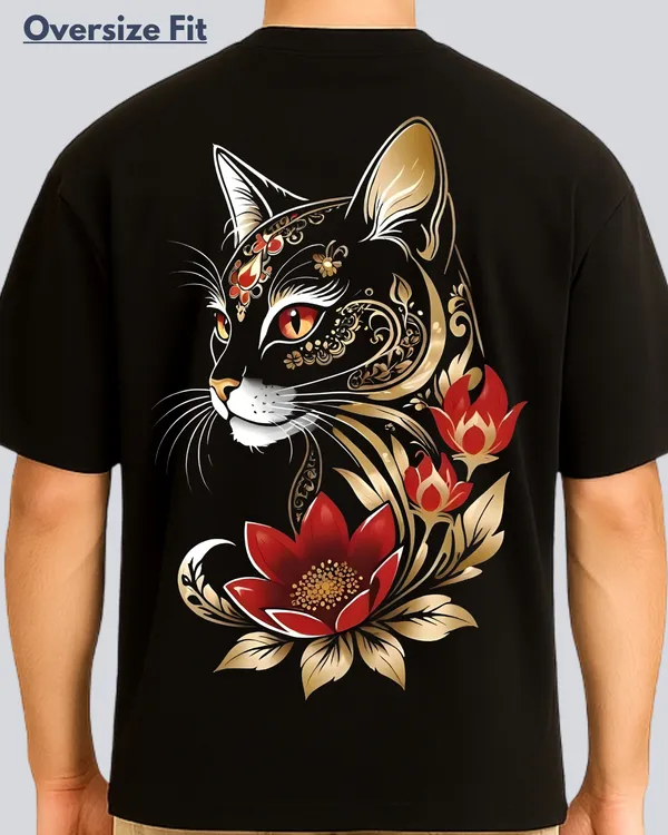 Printed_Golden_Cat_Streetwear_Black_Oversize_Fit_T-Shirt_For_Men