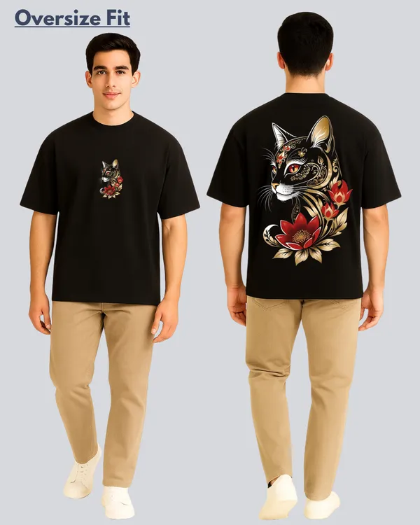 Printed_Golden_Cat_Streetwear_Black_Oversize_Fit_T-Shirt_For_Men