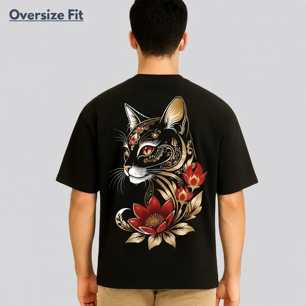 Printed_Golden_Cat_Streetwear_Black_Oversize_Fit_T-Shirt_For_Men