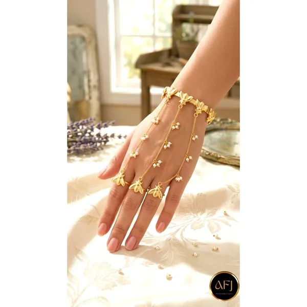 Gold_Brass_Bee_Charm_Pearl_Accent_Hand_Harness_For_Women