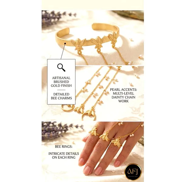 Gold_Brass_Bee_Charm_Pearl_Accent_Hand_Harness_For_Women