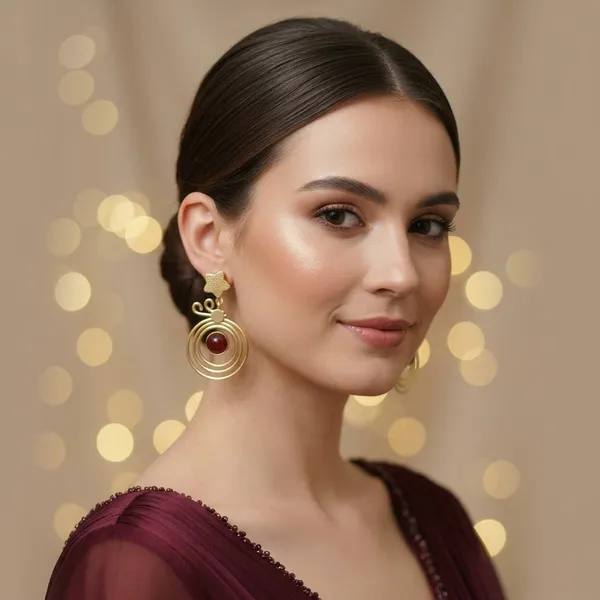 Gold_Maroon_Brass_Beaded_Circular_Drop_Earrings_For_Women