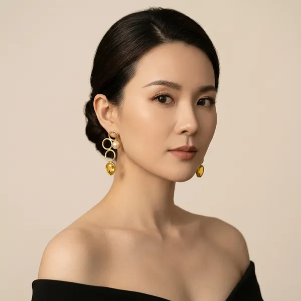 Gold_Yellow_Brass_Interlocking_Circle_Pearl_Amber_Drop_Danglers_For_Women