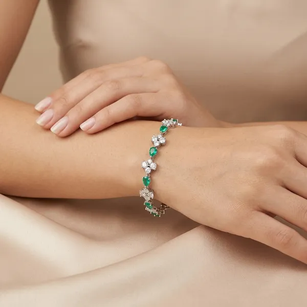 Green_Metal_Emerald_Cz_Floral_Link_Bracelet_For_Women