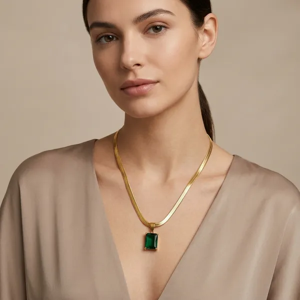 Gold_And_Green_Stainless_Steel_Emerald-Cut_Solitaire_Herringbone_Necklace_For_Women