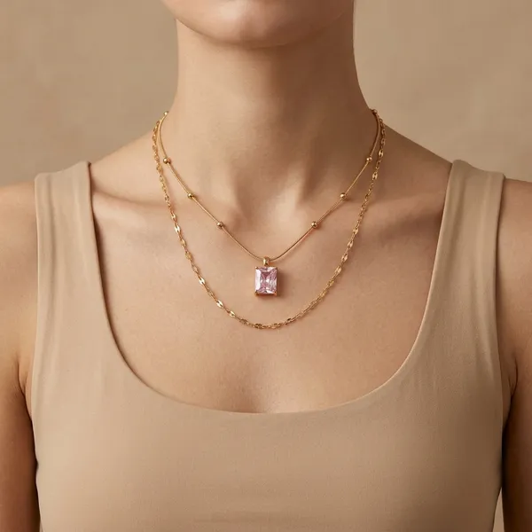 Gold_And_White_Stainless_Steel_Emerald-Cut_Solitaire_Layered_Chain_Necklace_For_Women