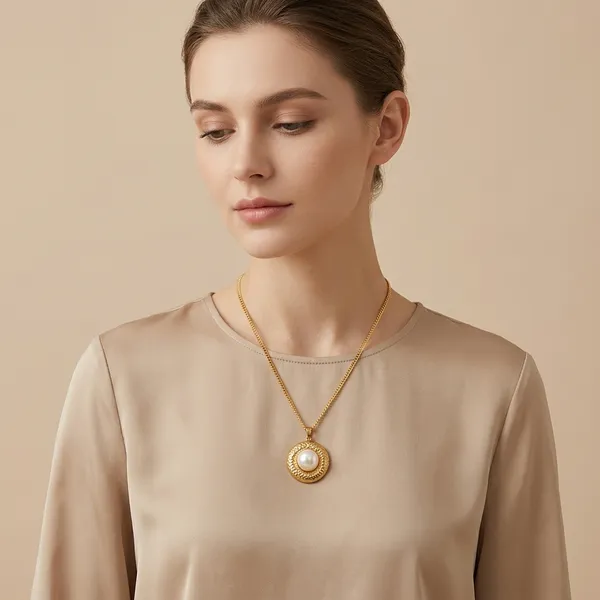Gold_Stainless_Steel_Hammered_Pearl_Medallion_Pendant_Necklace_For_Women