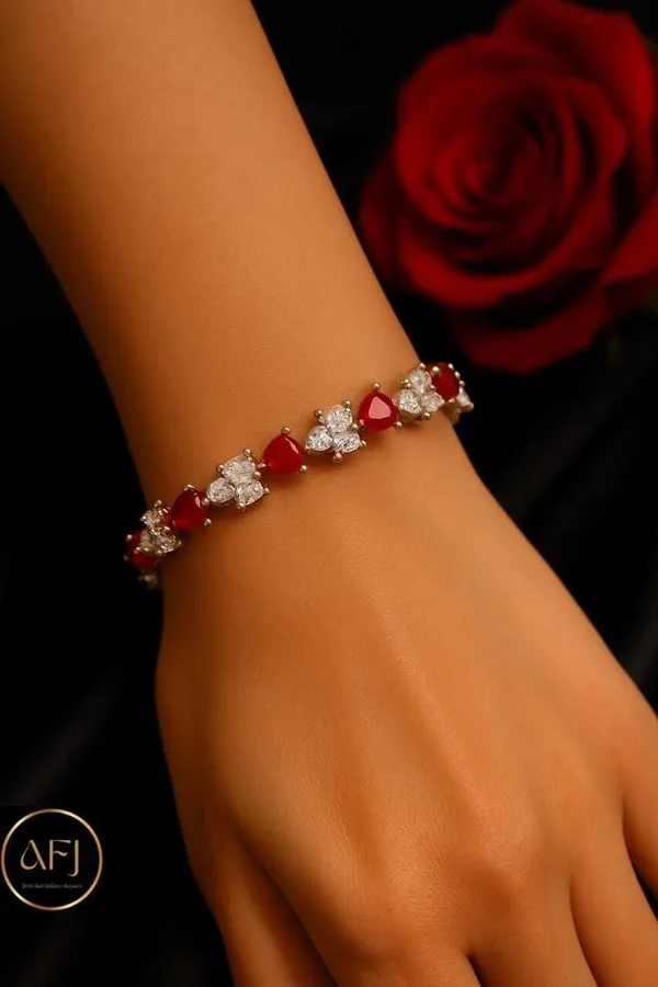 Red_Metal_Floral_Cz_Ruby_And_Clear_Stone_Link_Bracelet_For_Women