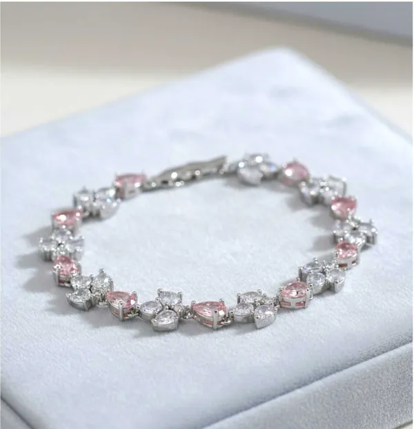 Pink_Metal_Floral_Cz_Link_Bracelet_For_Women