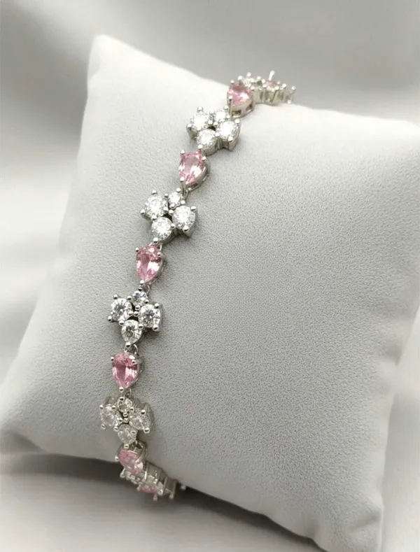 Pink_Metal_Floral_Cz_Link_Bracelet_For_Women