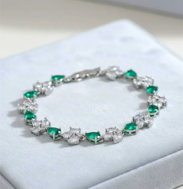 Green_Metal_Emerald_Cz_Floral_Link_Bracelet_For_Women