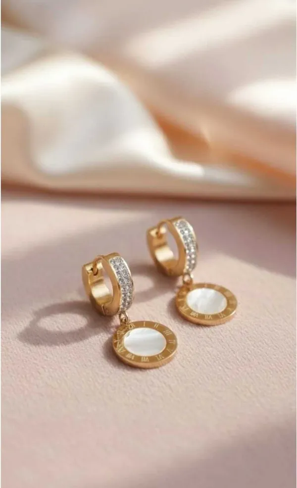 Gold_White_Stainless_Steel_Roman_Numeral_Pearl_Cz_Huggie_Earrings_For_Women