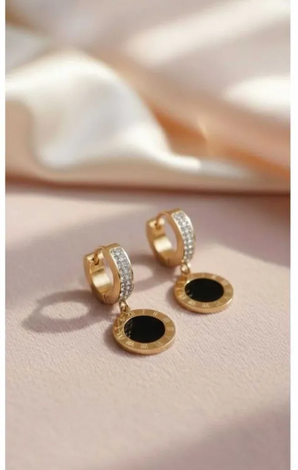 Gold_And_Black_Stainless_Steel_Roman_Numeral_Medallion_Huggie_Drop_Earrings_For_Women