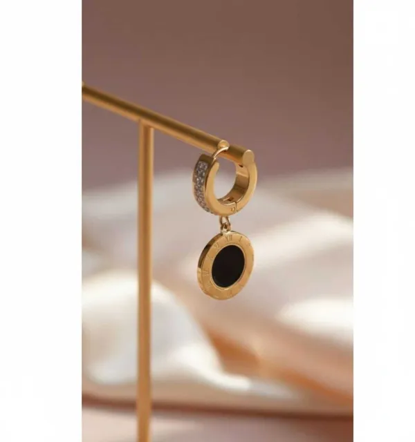 Gold_And_Black_Stainless_Steel_Roman_Numeral_Medallion_Huggie_Drop_Earrings_For_Women