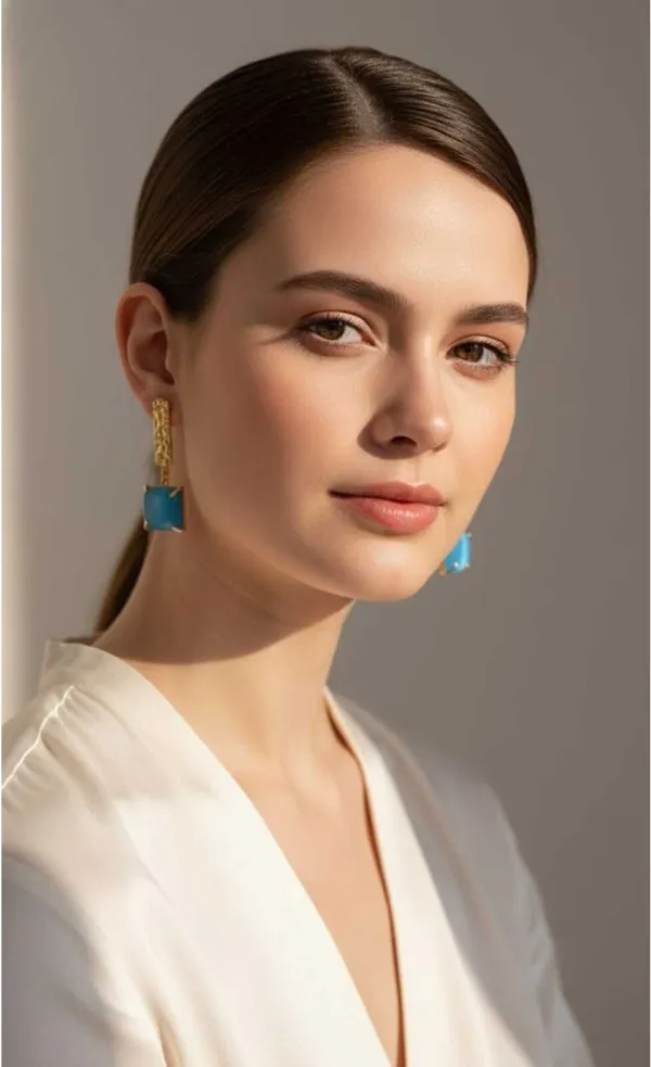 Gold_Aqua_Brass_Hammered_Square_Gemstone_Drop_Danglers_For_Women