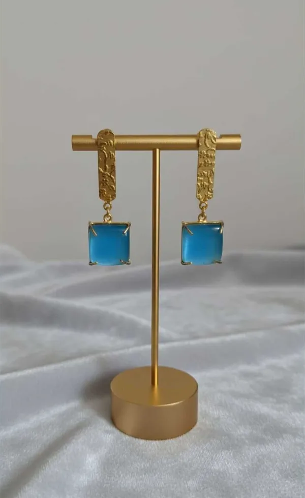 Gold_Aqua_Brass_Hammered_Square_Gemstone_Drop_Danglers_For_Women
