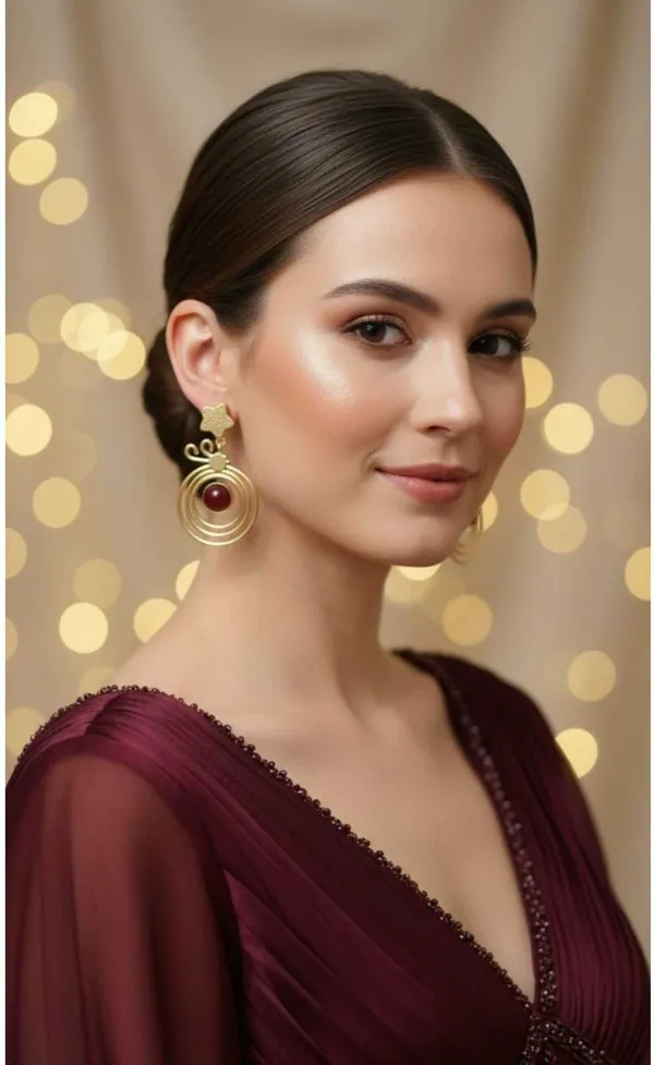 Gold_Maroon_Brass_Beaded_Circular_Drop_Earrings_For_Women