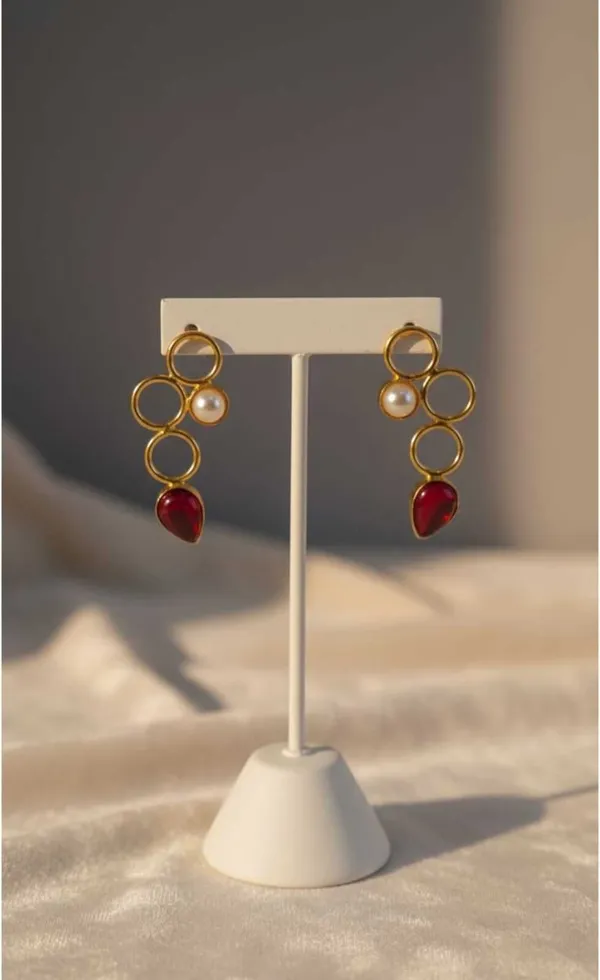 Gold_Maroon_Brass_Interlocking_Circle_Ruby_Pearl_Drop_Danglers_For_Women