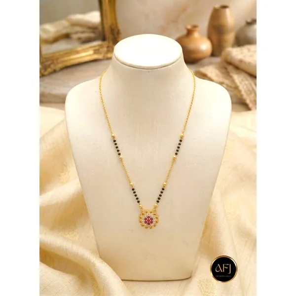 Gold_Copper_Pink_Stone_Floral_Pendant_Black_Bead_Mangalsutra_For_Women