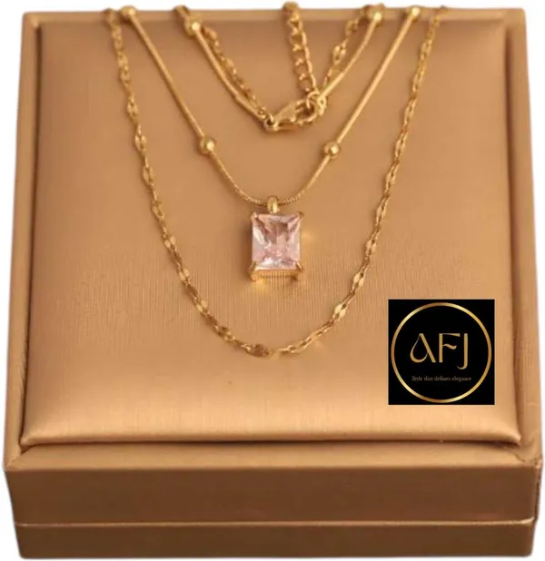 Gold_And_White_Stainless_Steel_Emerald-Cut_Solitaire_Layered_Chain_Necklace_For_Women