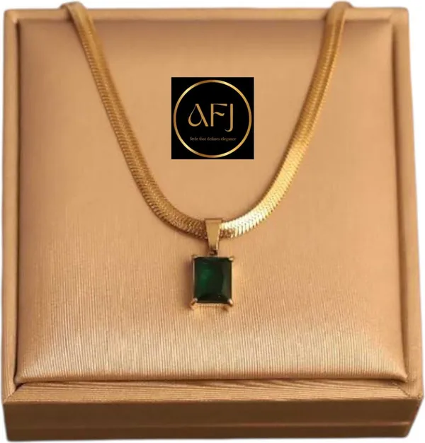 Gold_And_Green_Stainless_Steel_Emerald-Cut_Solitaire_Herringbone_Necklace_For_Women