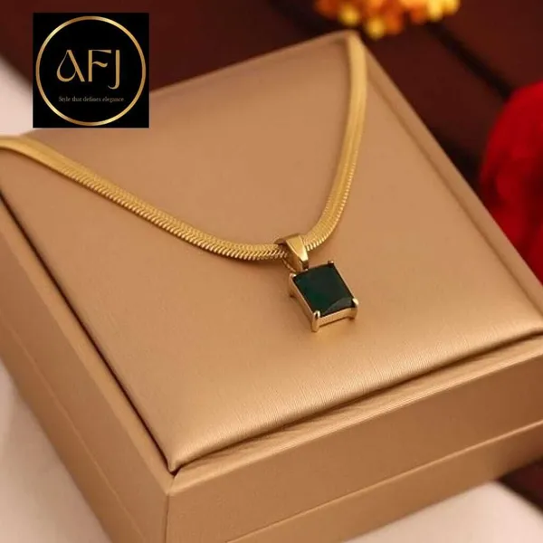Gold_And_Green_Stainless_Steel_Emerald-Cut_Solitaire_Herringbone_Necklace_For_Women