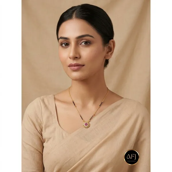 Gold_Copper_Pink_Stone_Floral_Pendant_Black_Bead_Mangalsutra_For_Women